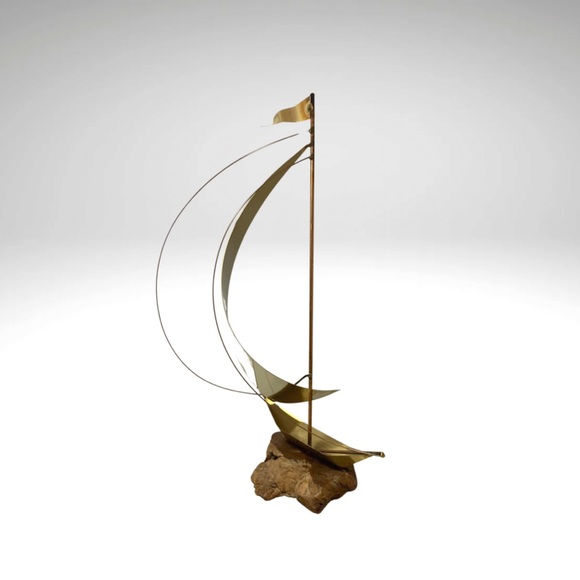 Vintage Brass Sailboat Sculpture Burlwood Base Windsurfer Nautical Handmade 15” - Picture 3 of 10